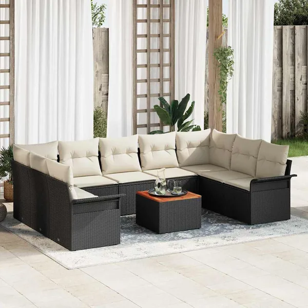 Ensemble de canapé de jardin 10 pcs Noir et Crème polyrotin
