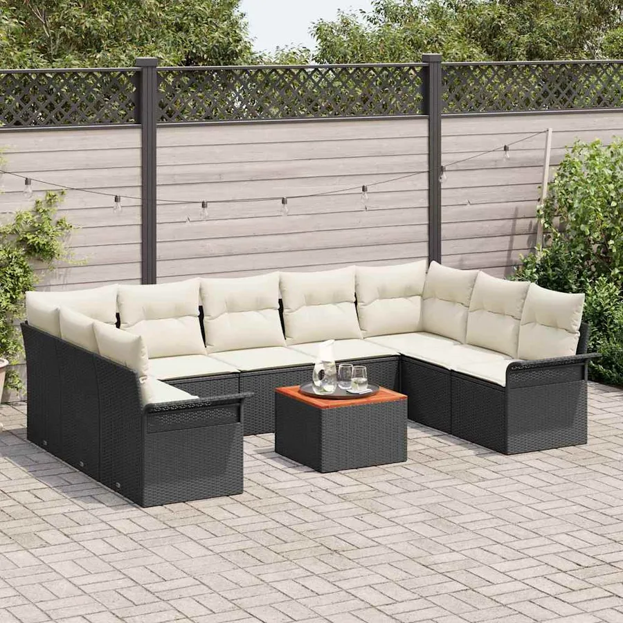 Ensemble de canapé de jardin 10 pcs Noir et Crème polyrotin - 3