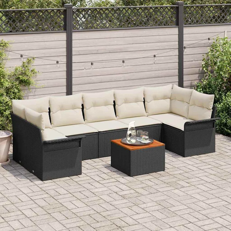 Ensemble de canapé de jardin 8 pcs Noir et Crème polyrotin