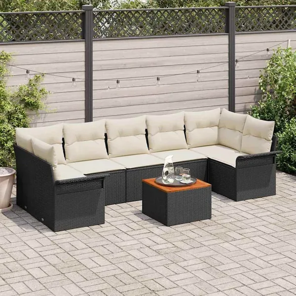 Ensemble de canapé de jardin 8 pcs Noir et Crème polyrotin