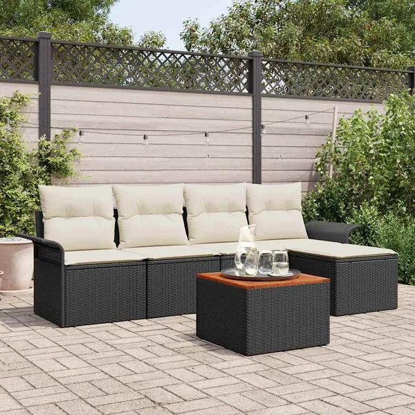 Ensemble de canapé de jardin 6 pcs Noir et Crème polyrotin