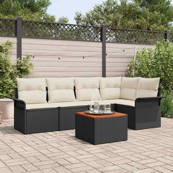 Ensemble de canapé de jardin 6 pcs Noir et Crème polyrotin