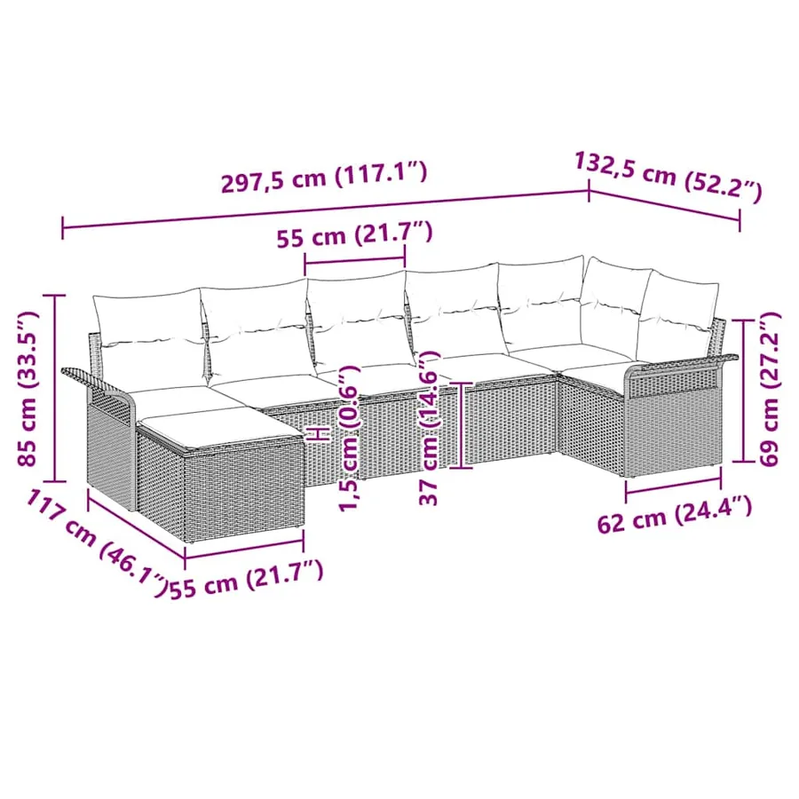 Ensemble de canapé de jardin avec coussin 7 pcs Noir Poly rotin - 13