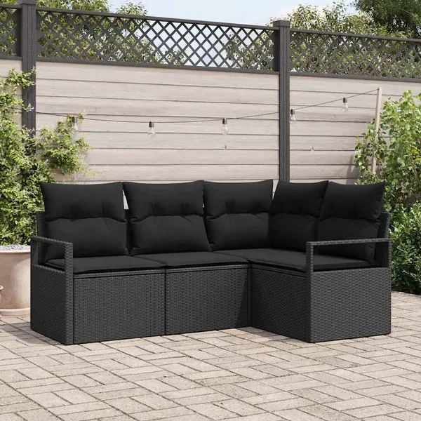 Ensemble de Canapés avec coussin 4 pcs Noir polyrotin