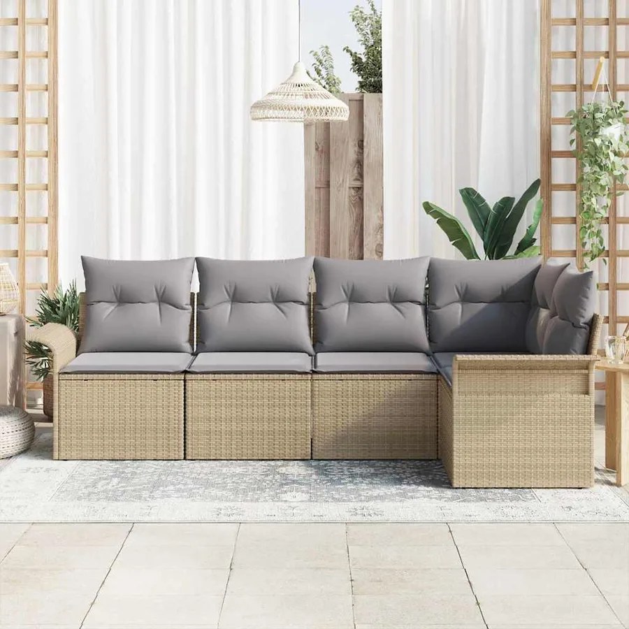 Ensemble de canapé de jardin avec coussin 5 pcs Beige polyrotin - 3