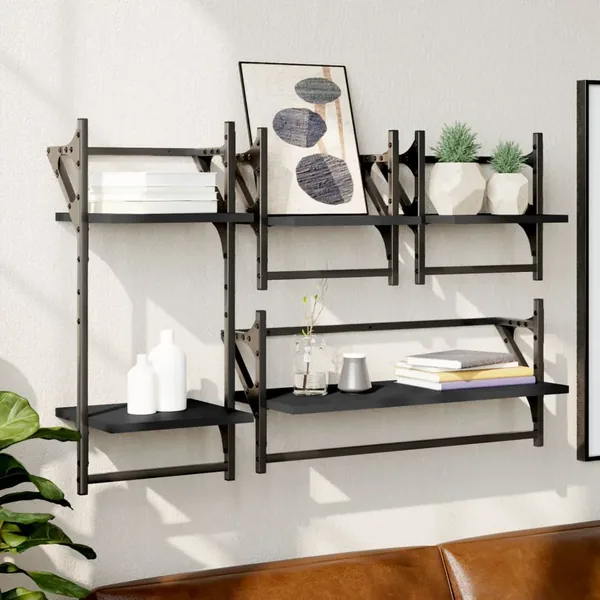 Ensemble d'étagères murales barres 4 pcs noir bois d'ingénierie