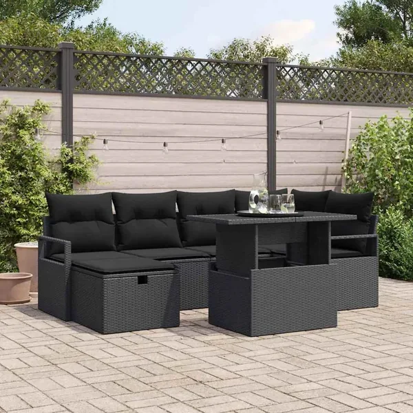 Ensemble de canapé de jardin avec coussin 7 pcs Noir Poly rotin