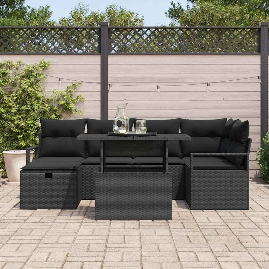 Ensemble de canapé de jardin avec coussin 7 pcs Noir Poly rotin - 3