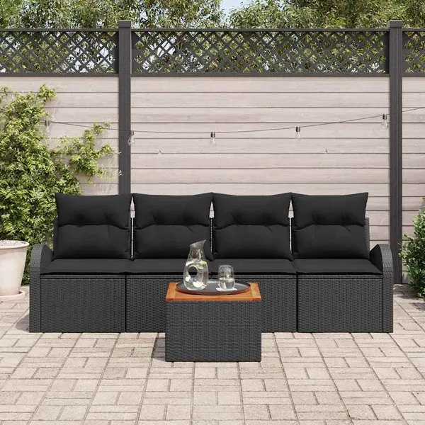 Ensemble de canapé de jardin avec coussin 5 pcs Noir polyrotin