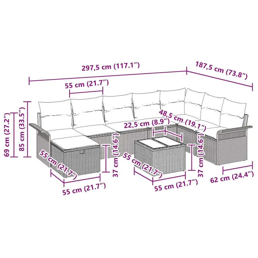 Ensemble de canapé de jardin avec coussin 9 pcs Gris Poly rotin - 15