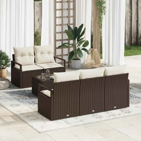 Ensemble de canapé de jardin 6 pcs Marron et Crème polyrotin