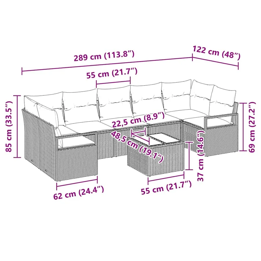 Ensemble de canapé de jardin avec coussin 8 pcs Marron et Crème - 13