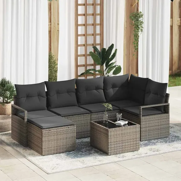 Ensemble de Canapés avec coussin 7 pcs Gris clair polyrotin