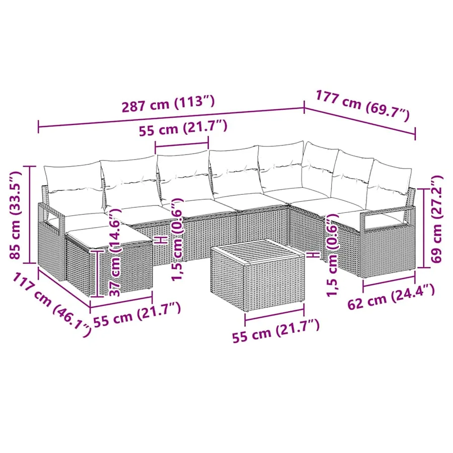 Ensemble de canapé de jardin avec stockage 9 pcs Gris polyrotin - 15