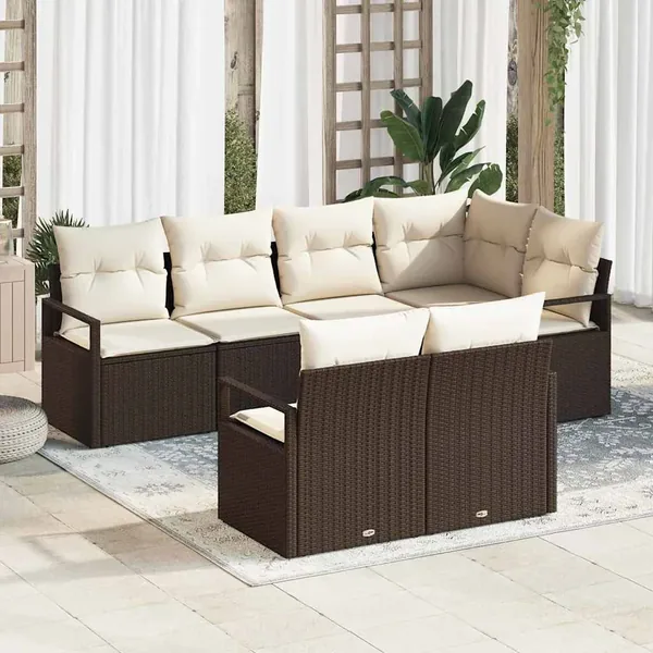 Ensemble de canapé de jardin 7 pcs Marron et blanc polyrotin
