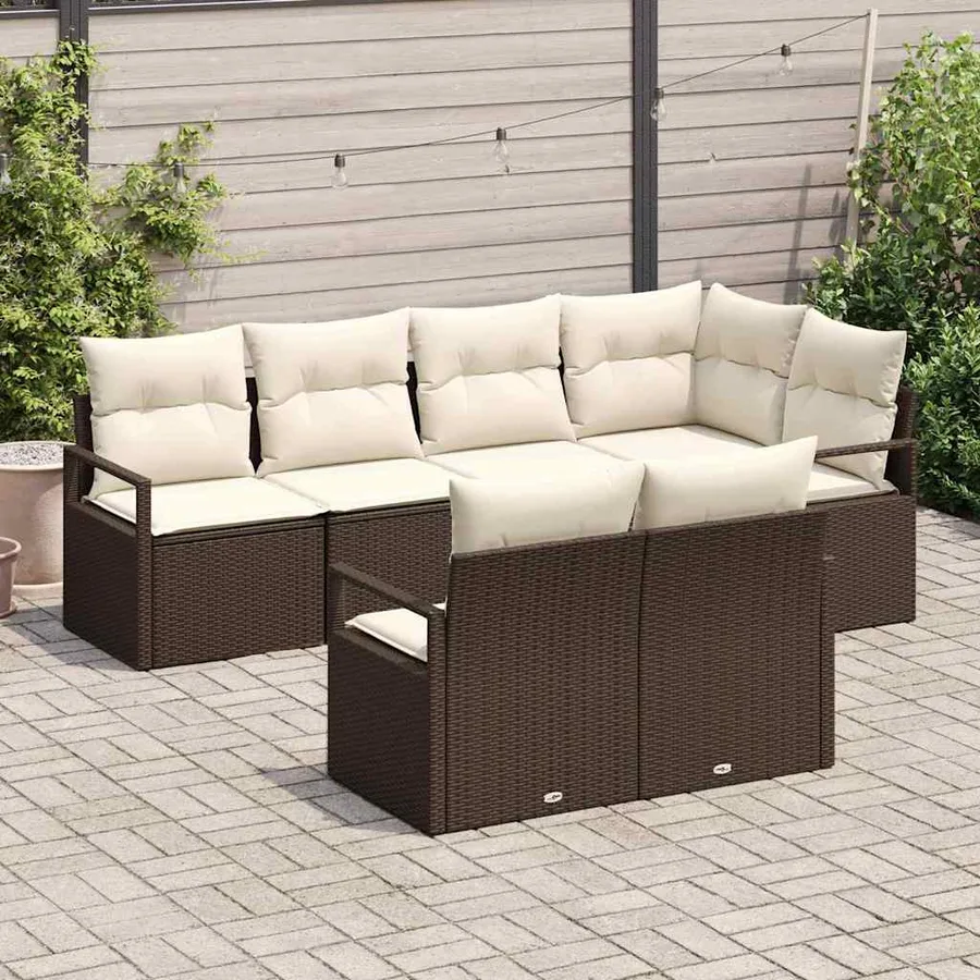 Ensemble de canapé de jardin 7 pcs Marron et blanc polyrotin - 3