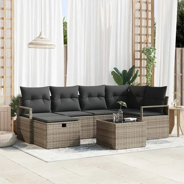Ensemble de canapé de jardin avec coussin 7 pcs Gris Poly rotin