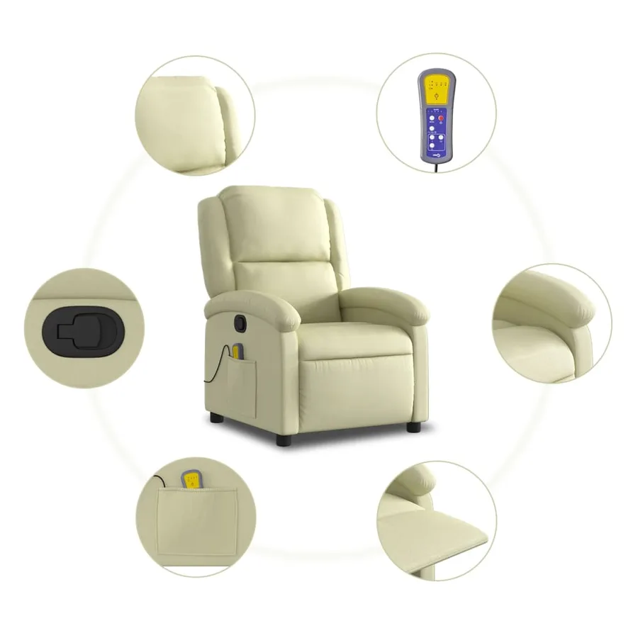 Fauteuil de massage inclinable crème cuir véritable - 6
