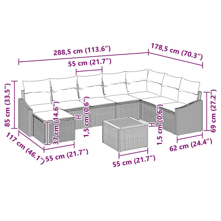 Ensemble de canapé de jardin avec stockage 9 pcs Gris polyrotin - 15