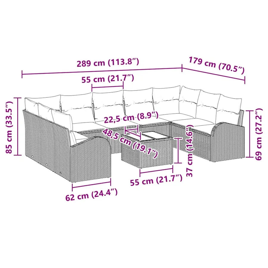 Ensemble de canapé de jardin 10 pcs Gris clair polyrotin - 17