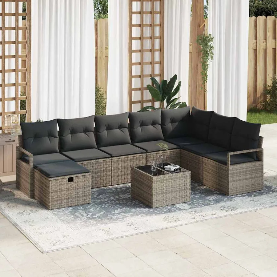 Ensemble de Canapés avec coussin 9 pcs Gris polyrotin