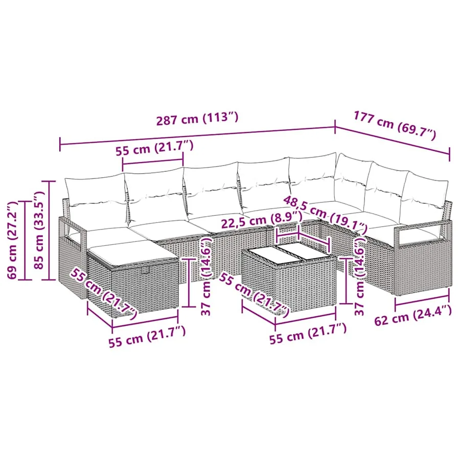 Ensemble de Canapés avec coussin 9 pcs Gris polyrotin - 11
