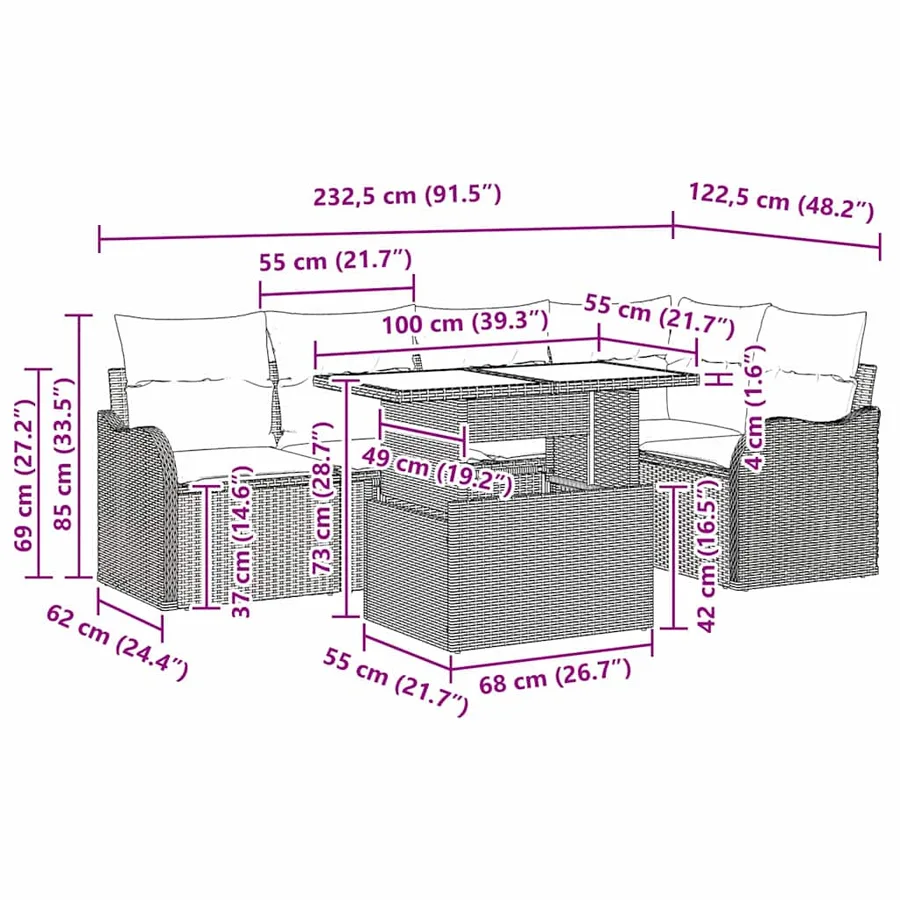 Ensemble de salle à manger avec coussin 6 pcs Noir Poly rotin - 11
