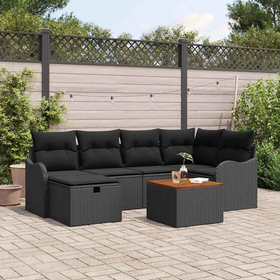 Ensemble de canapé de jardin avec coussin 7 pcs Noir polyrotin