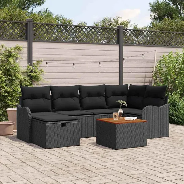 Ensemble de canapé de jardin avec coussin 7 pcs Noir polyrotin