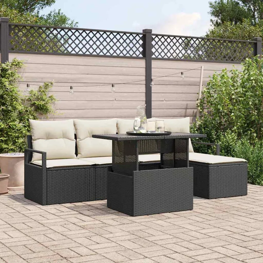 Ensemble de canapé de jardin 6 pcs Noir et Crème polyrotin