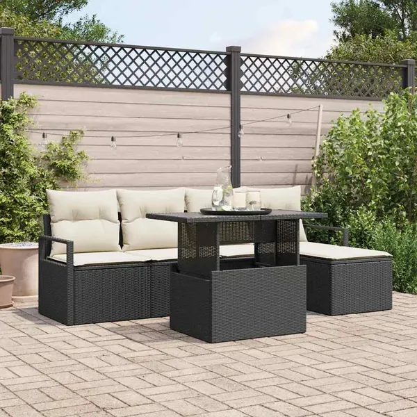 Ensemble de canapé de jardin 6 pcs Noir et Crème polyrotin