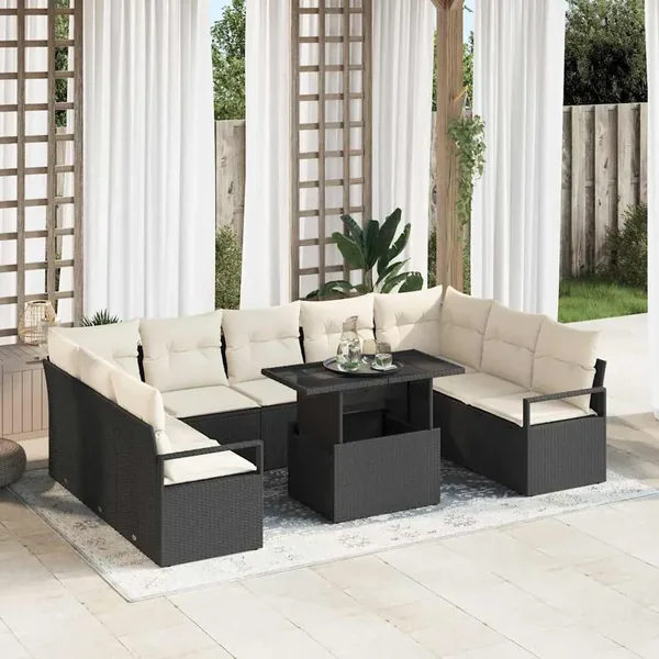 Ensemble de canapé de jardin 10 pcs Noir et crème polyrotin
