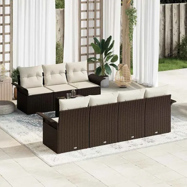Ensemble de canapé de jardin 8 pcs Marron et Crème polyrotin