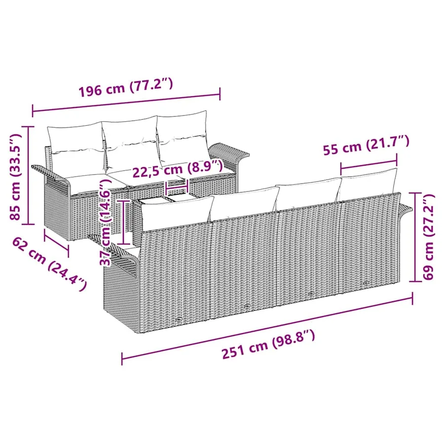 Ensemble de canapé de jardin 8 pcs Marron et Crème polyrotin - 14