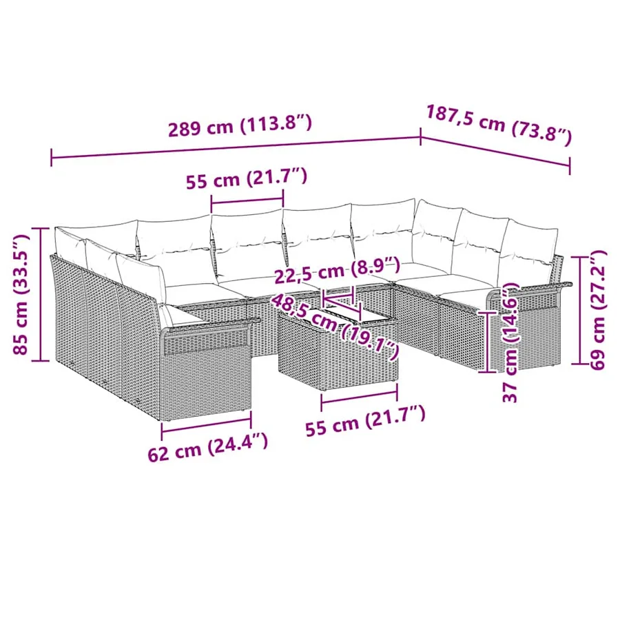 Ensemble de canapé de jardin 10 pcs Noir polyrotin - 17