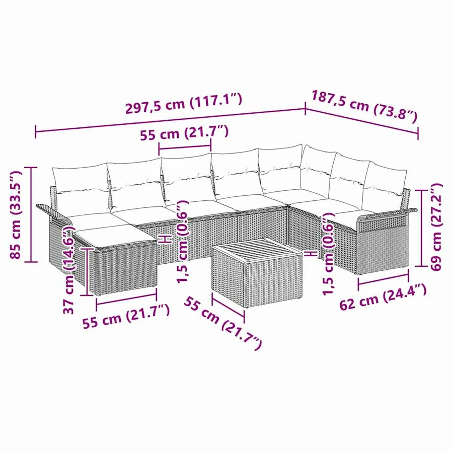 Ensemble de canapé de jardin 9 pcs Beige et Gris clair - 15