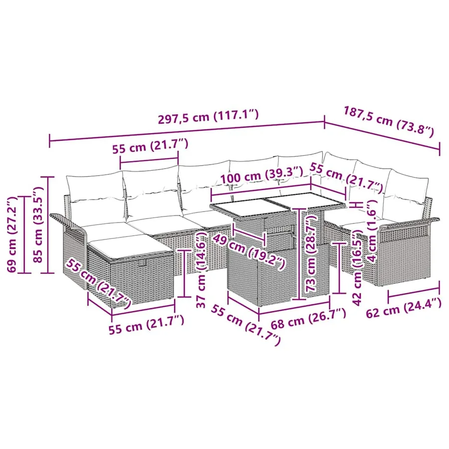 Ensemble de canapé de jardin 9 pcs Gris clair Poly rotin - 13