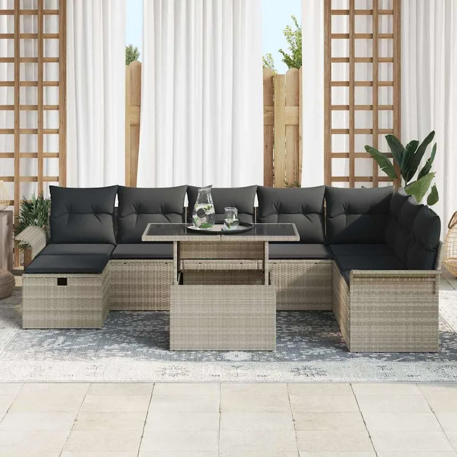 Ensemble de canapé de jardin 9 pcs Gris clair Poly rotin - 3