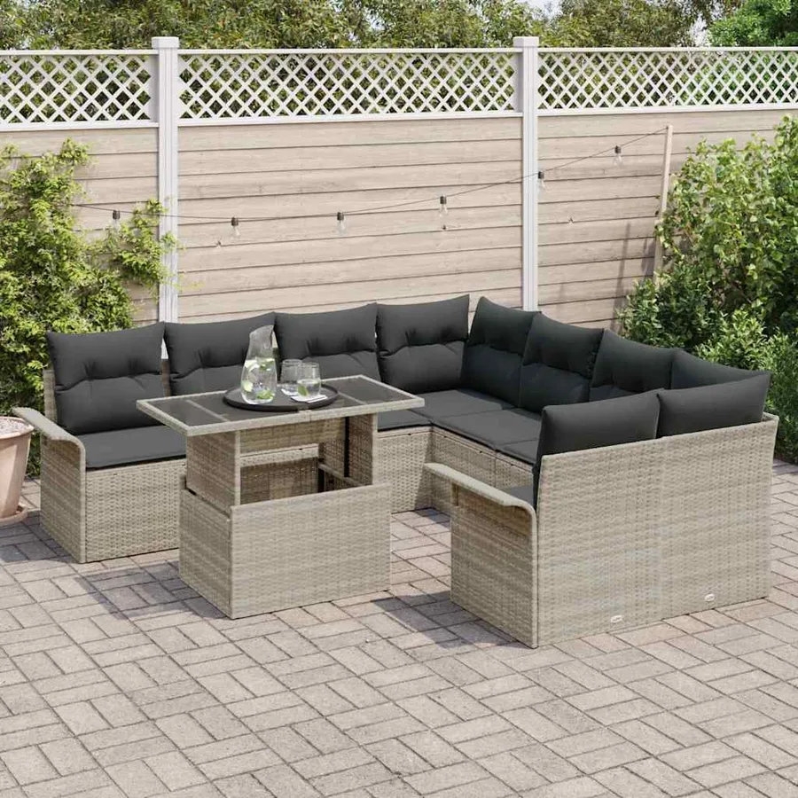Ensemble de canapé de jardin 9 pcs Gris clair Poly Rattan - 3