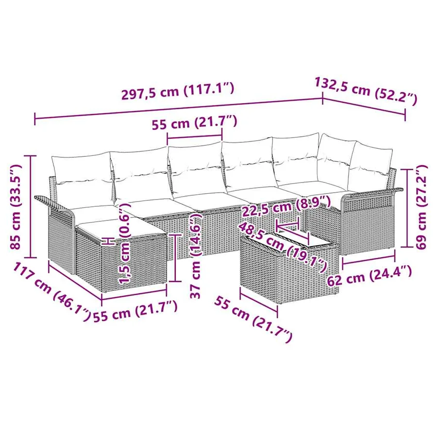 Ensemble de canapé de jardin 8 pcs Gris clair Poly rotin - 19