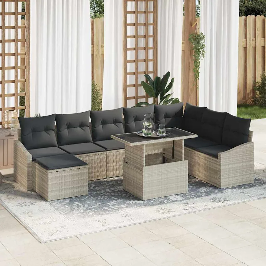 Ensemble de Canapés avec coussin 9 pcs Gris clair polyrotin