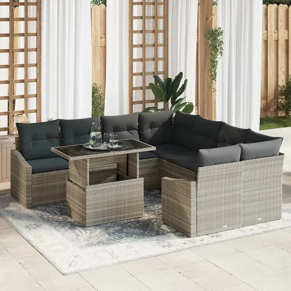 Ensemble de canapé de jardin 9 pcs Gris clair polyrotin