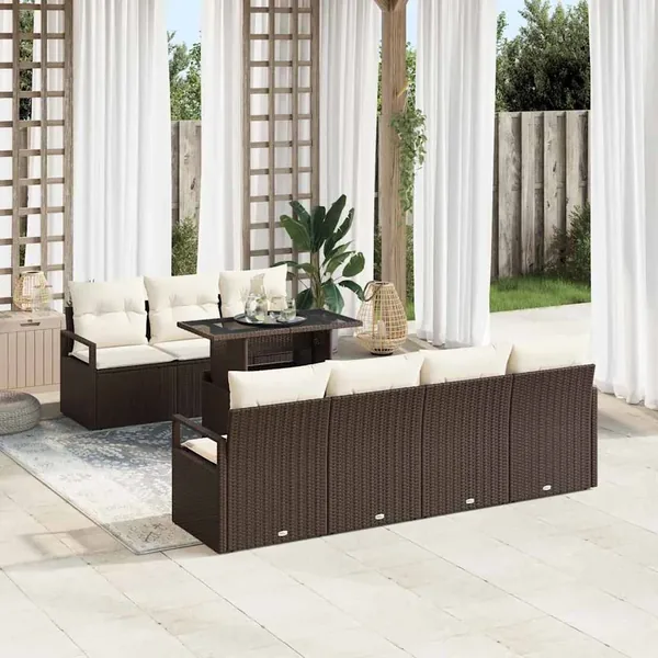 Ensemble de canapé de jardin 8 pcs Marron et Crème polyrotin