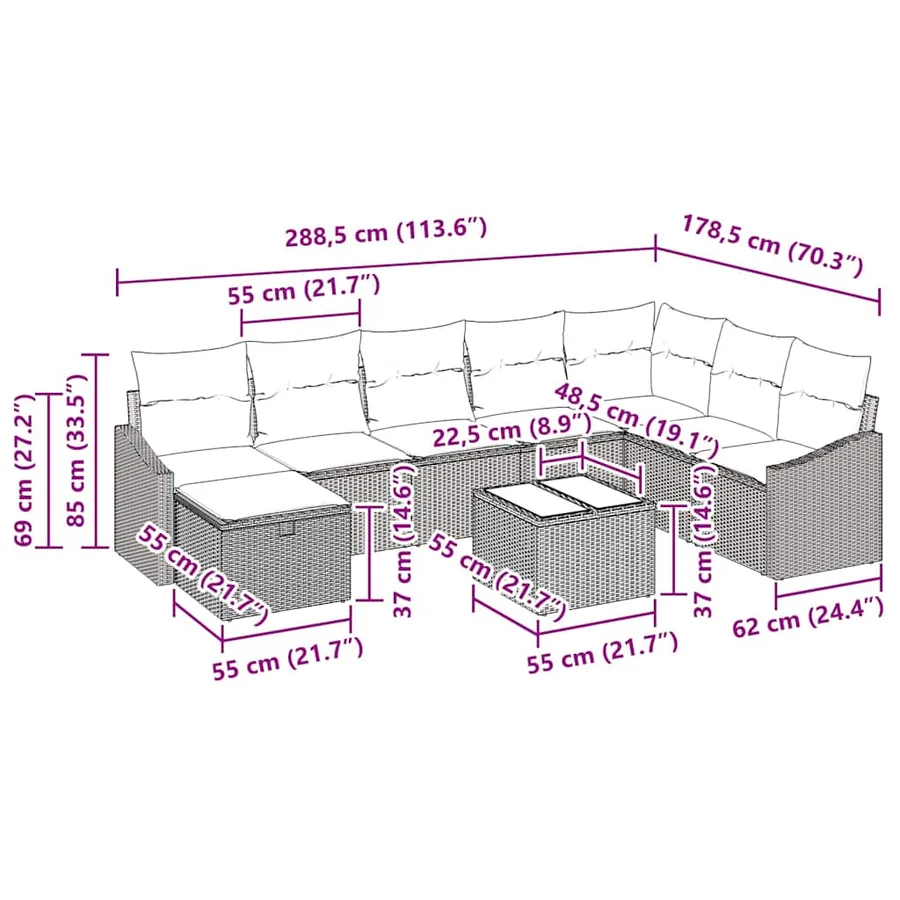 Ensemble de canapé de jardin avec coussin 9 pcs polyrotin - 11