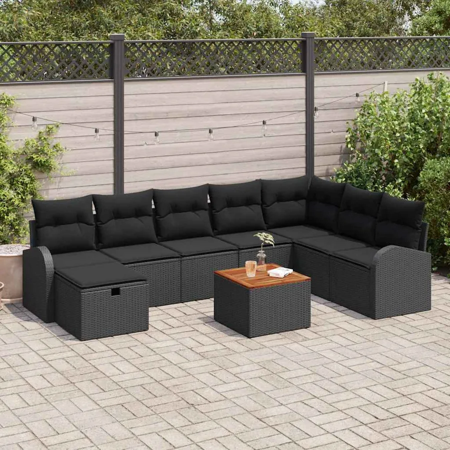 Ensemble de canapé de jardin avec coussin 9 pcs Noir Poly rotin