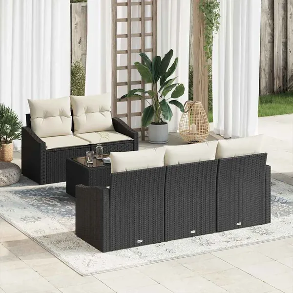 Ensemble de Canapés avec coussin 6 pcs Noir et Crème polyrotin