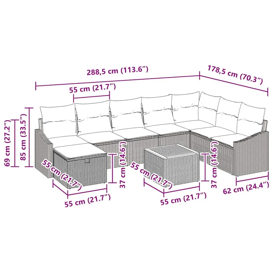 Ensemble de canapé de jardin avec coussin 9 pcs Gris polyrotin - 11