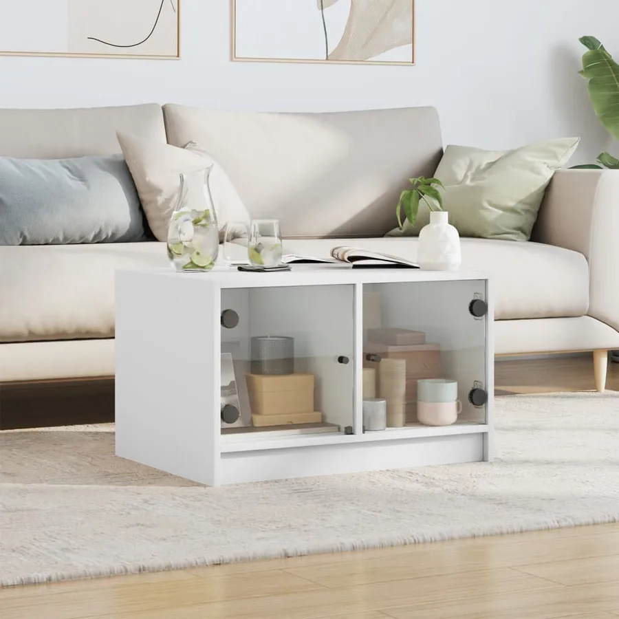 Table basse avec portes en verre blanc 68x50x42 cm - 3