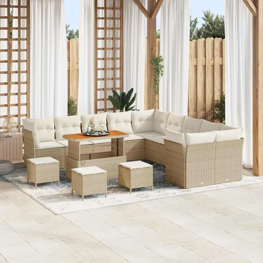 Ensemble de canapé de jardin 14 pcs Beige polyrotin