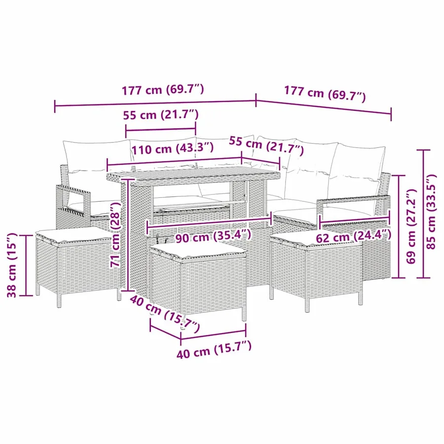 Ensemble de canapé de jardin avec coussin 9 pcs Gris - 18